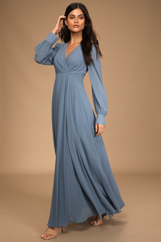 Slate Blue Dress - Long Sleeve Maxi ...